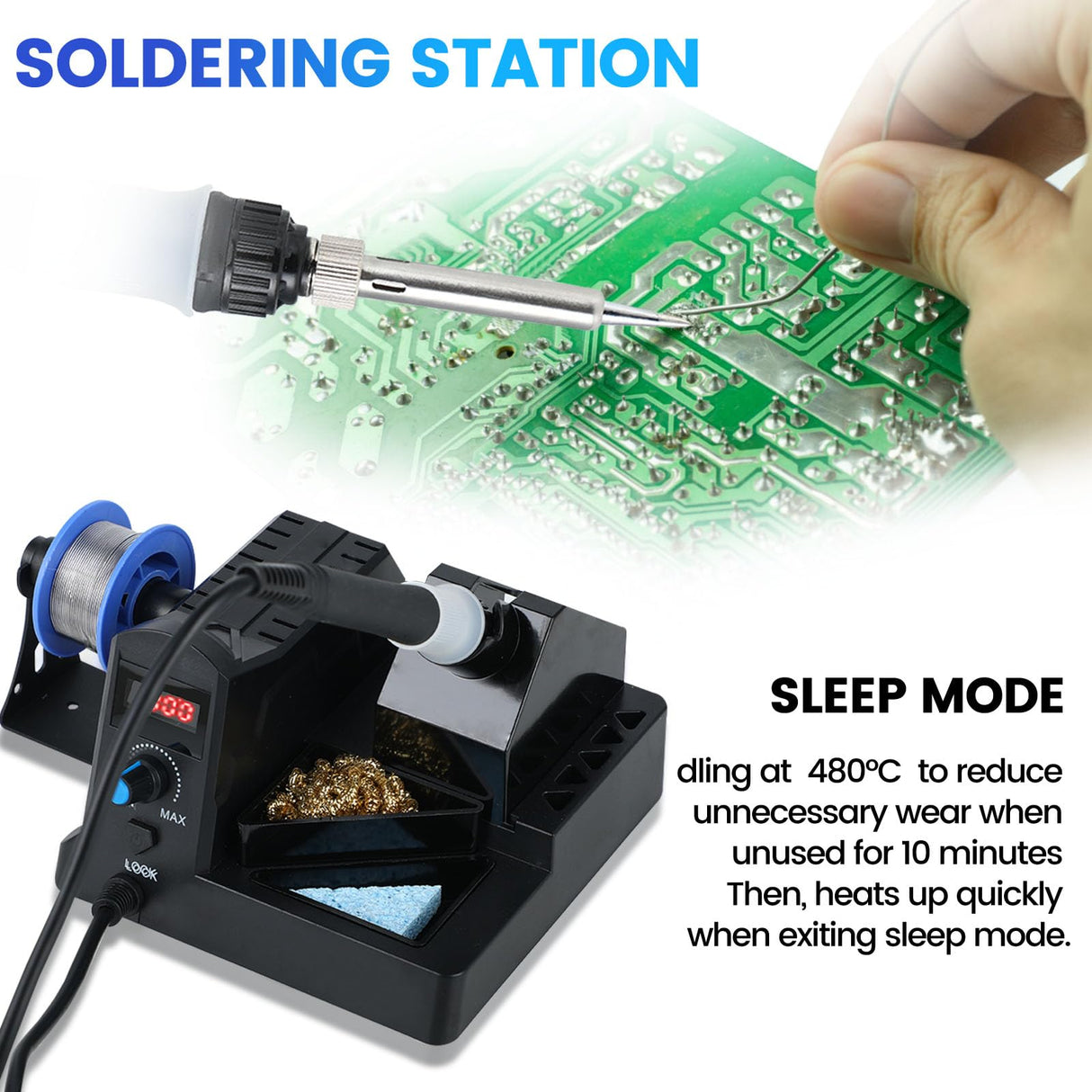 SREMTCH 100W Digital Display Soldering Iron Station Kit, 12-in-1 Soldering Station with 5 Iron Tips, Solder Paster, Lead-Free Solder, Solder Sucker, S/S Tweezers, Auto Sleep 180°C to 480°C Temperature SREMTCH