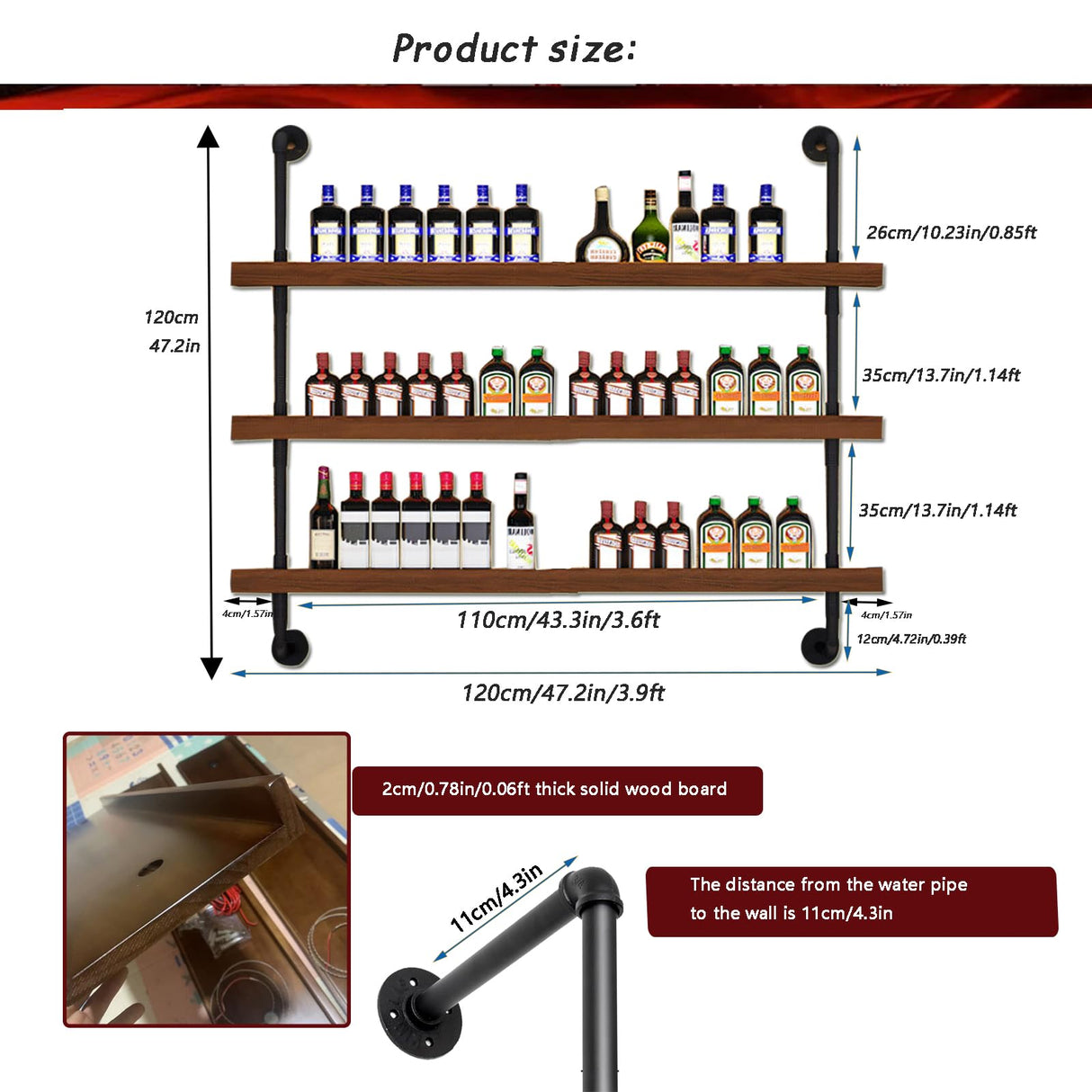 Dawselod 47.2in Large Wine Rack with LED Light Solid Wood Wall Mounted Wine Rack, 3-Tiers Liquor Bottles Floating Shelves Display Storage Organizer for Home Bar & Dining Room (120cm/47.2in) Dawselod