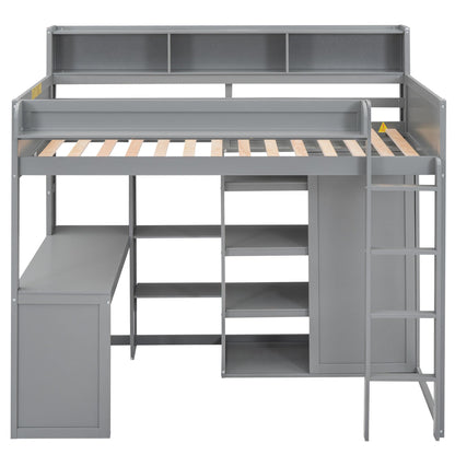 XD Designs Grey Twin Size Loft Bed with Integrated Desk, Wardrobe, and Storage Shelves - WoodArtSupply