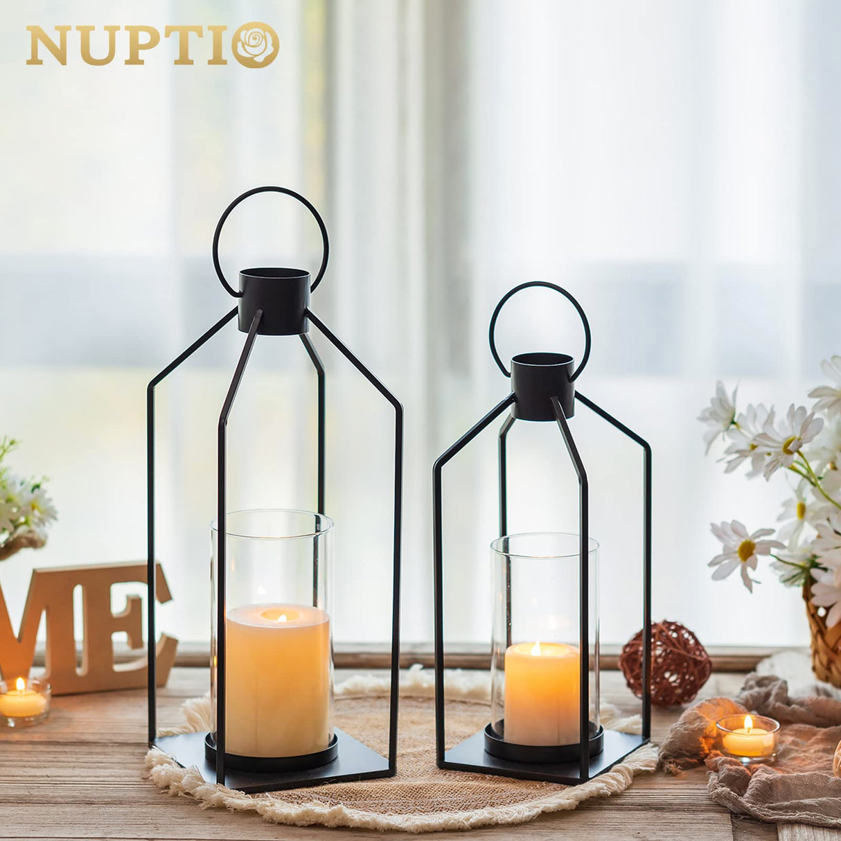 Nuptio Decorative Lantern Candle Holder: 2 Pcs Glass Hurricane Pillar Candles Holders Rustic Black Metal Hanging Lanterns Decor for Outdoor Wedding Farmhouse Home Fireplace Christmas Halloween NUPTIO