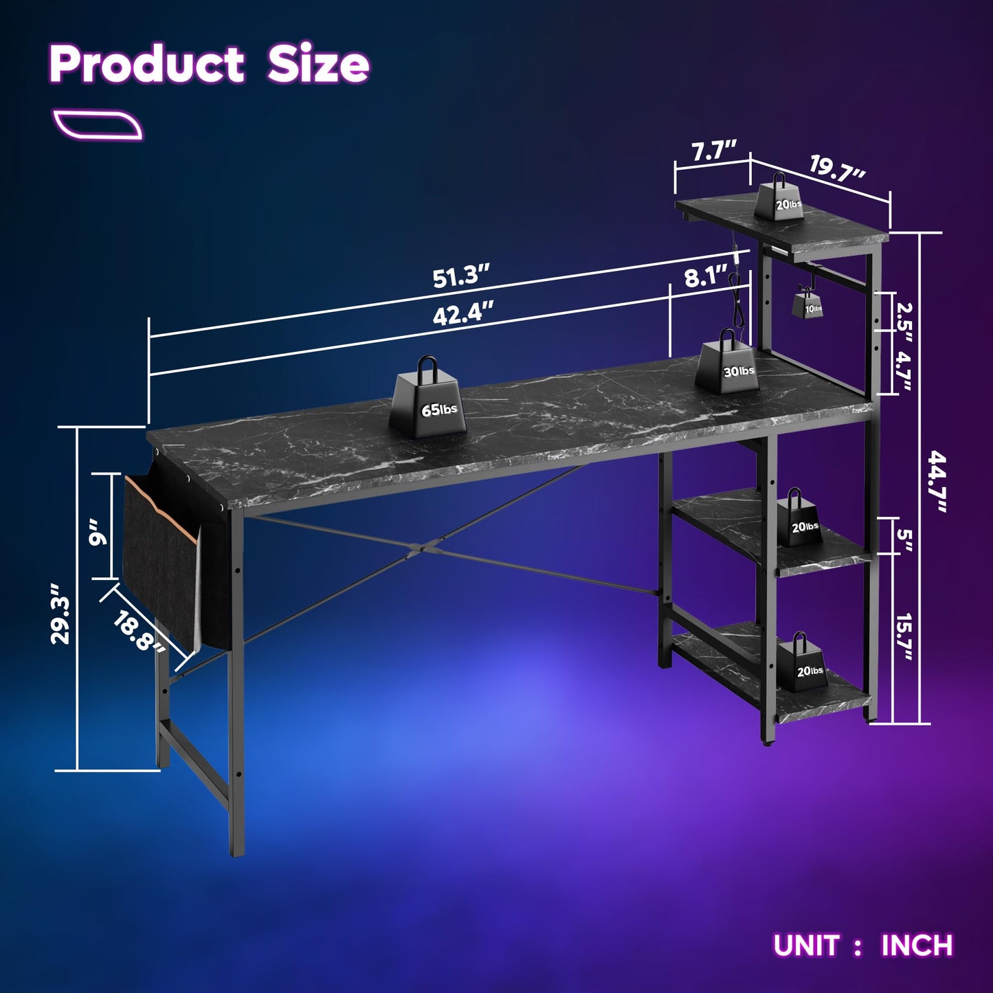 Bestier Gaming Desk with LED Lights, 51.3 Inch Computer Desk with 4 Tiers Reversible Shelves, Gamer Desk with Side Storage Bag, Hooks and Height Adjustable Shelf (Black Marble) - WoodArtSupply