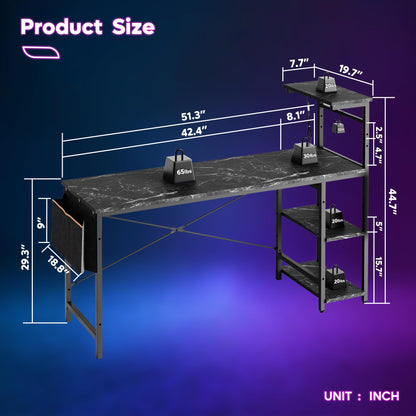 Bestier Gaming Desk with LED Lights, 51.3 Inch Computer Desk with 4 Tiers Reversible Shelves, Gamer Desk with Side Storage Bag, Hooks and Height Adjustable Shelf (Black Marble) - WoodArtSupply