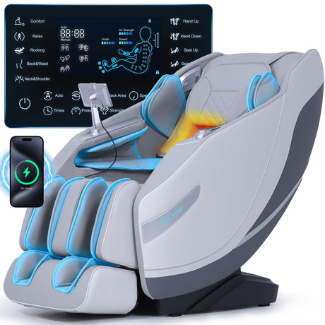 Stylish Massage Chair Full Body Zero Gravity Massage Chair Rocking Sleep Mode 3D SL Yoga Stretch Massage with Heat 12+ Modes Upgraded Calf +11cm Wireless Phone Charge Screen Touch Large Size White UIIU