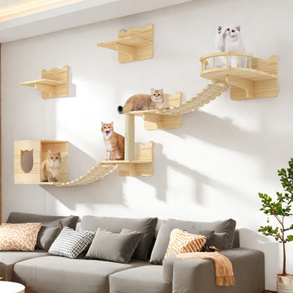 YITAHOME Cat Wall Shelves and Perches for Wall, Solid Wood Wall Mounted Cat Furniture 9 Piece Set, Cat Climbing Shelves Playground Scratching Post with 4 Steps Indoor Mounted Condos House