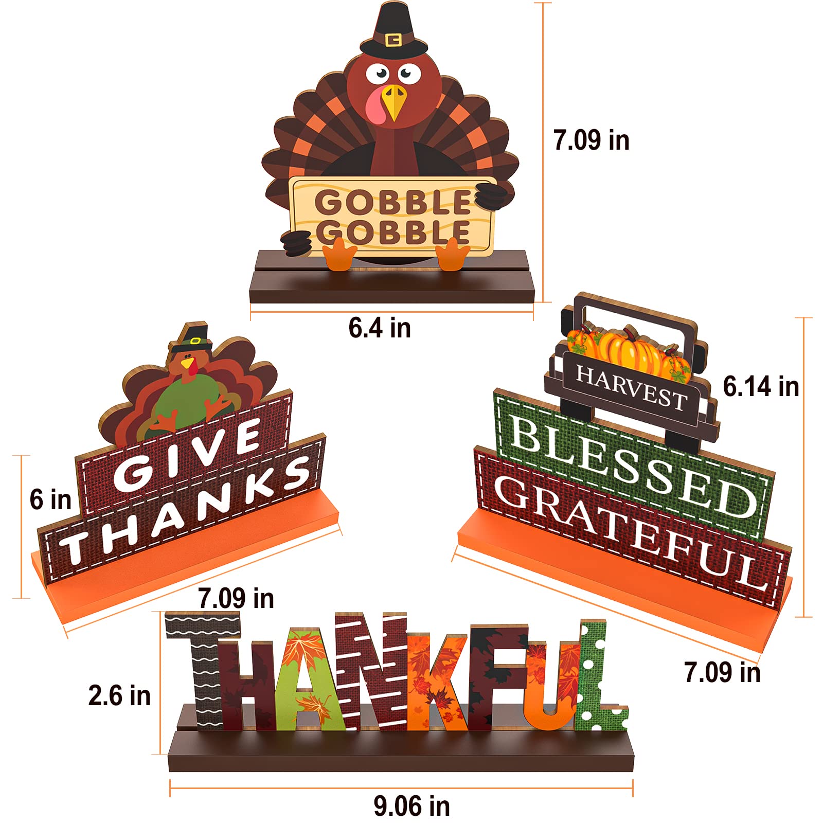 Thanksgiving Centerpieces for Tables Decorations, 4 Pack Wooden Pumpkin Turkey Thankful Blessed Decorative Signs, Harvest Autumn Fall Decor for Home Indoor Party Farmhouse Office Desk Firepla - WoodArtSupply