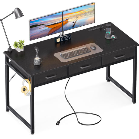 AODK 54 Inch Computer Desk with 3 Fabric Drawers, Office Desk with USB/Type-C Charging Ports & Power Outlets, Vanity Desk with Iron Hook for Bedroom, Study/Writing/Work Table for Bedroom, Black AODK