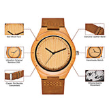 CUCOL Men's Bamboo Wooden Watch with Brown Cowhide Leather Strap Japanese Quartz Movement Casual Watches CUCOL