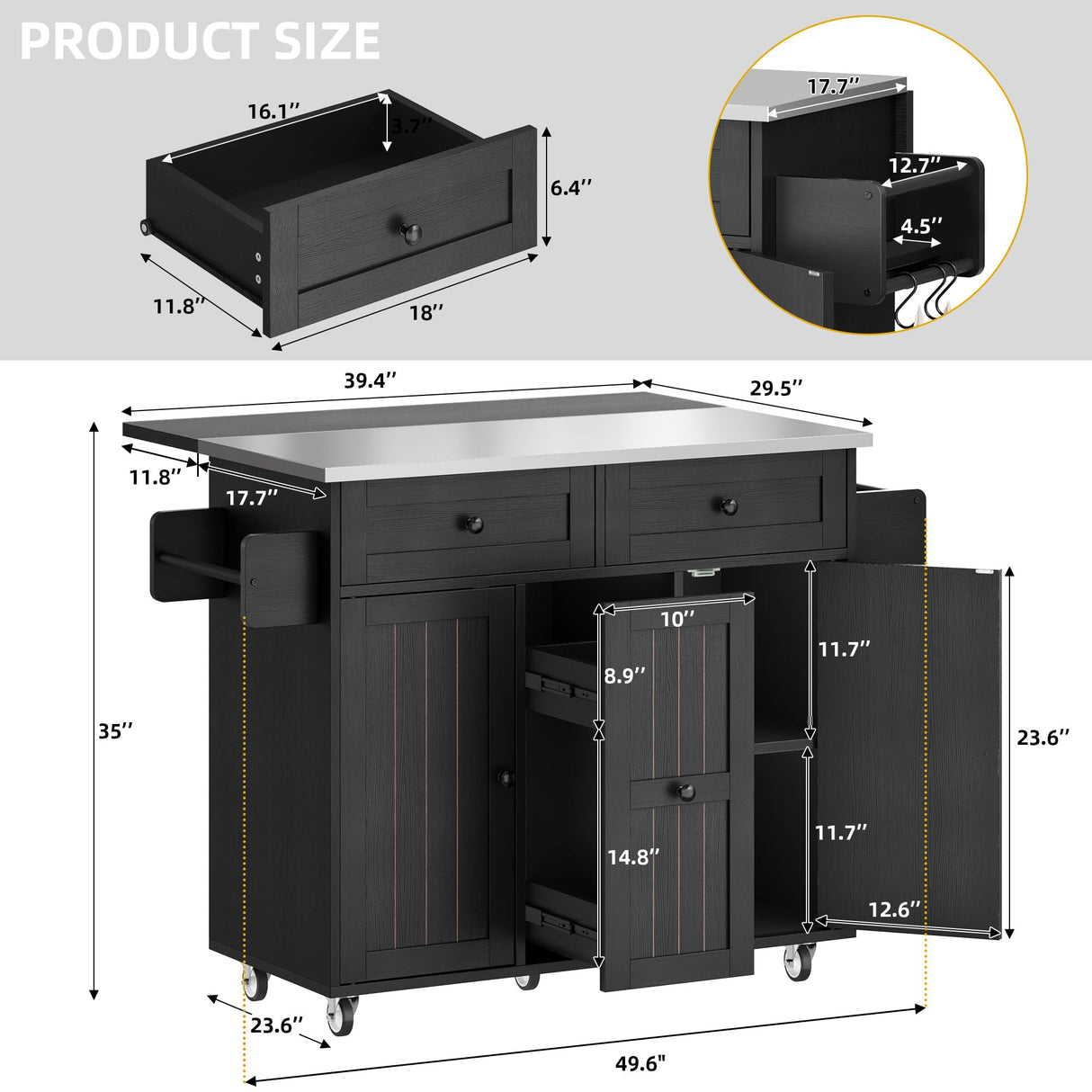 DWVO Kitchen Island on Wheels, Mobile Kitchen Island Cart with Folding Drop Leaf Breakfast Bar, Island Table for Kitchen with Large Storage Cabinets, Racks, Drawers and Adjustable Shelves, Black DWVO