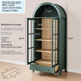 RowyPoey Farmhouse Arched Cabinet with Glass Doors, Wood Display Cabinet with Drawer and Adjustable Shelves, 71” Tall Bookshelf Modern China Storage Kitchen Pantry for Living Room,Office (Green) RowyPoey