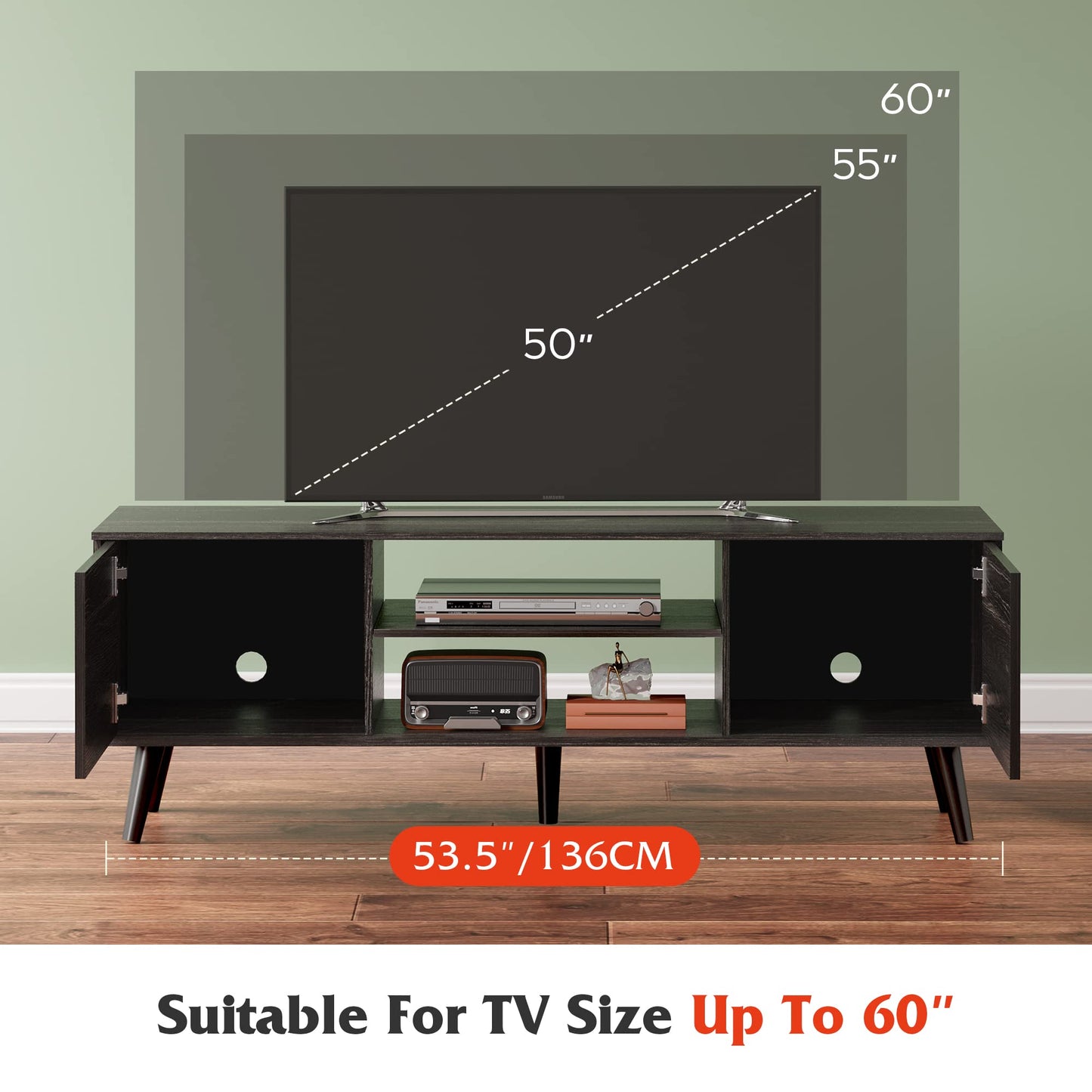 WLIVE TV Stand for 55 60 inch TV, Modern Entertainment Center with Storage Cabinets, Mid Century TV Console Table for Bedroom, TV Stand for Living Room, Charcoal Black