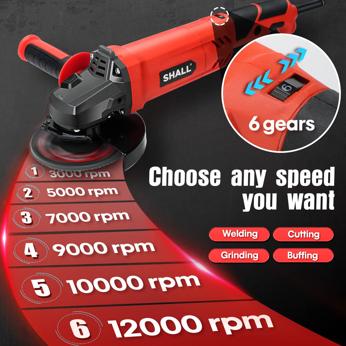 SHALL Angle Grinder Tool 7.5Amp 4-1/2 Inch, 6-Variable-Speed Grinders Power Tools, Electric Metal Grinder 12000 RPM w/ 2 Safety Guards, Cutting Wheels, Flap Discs, Non-Slip Handle for Metal/Wood SHALL