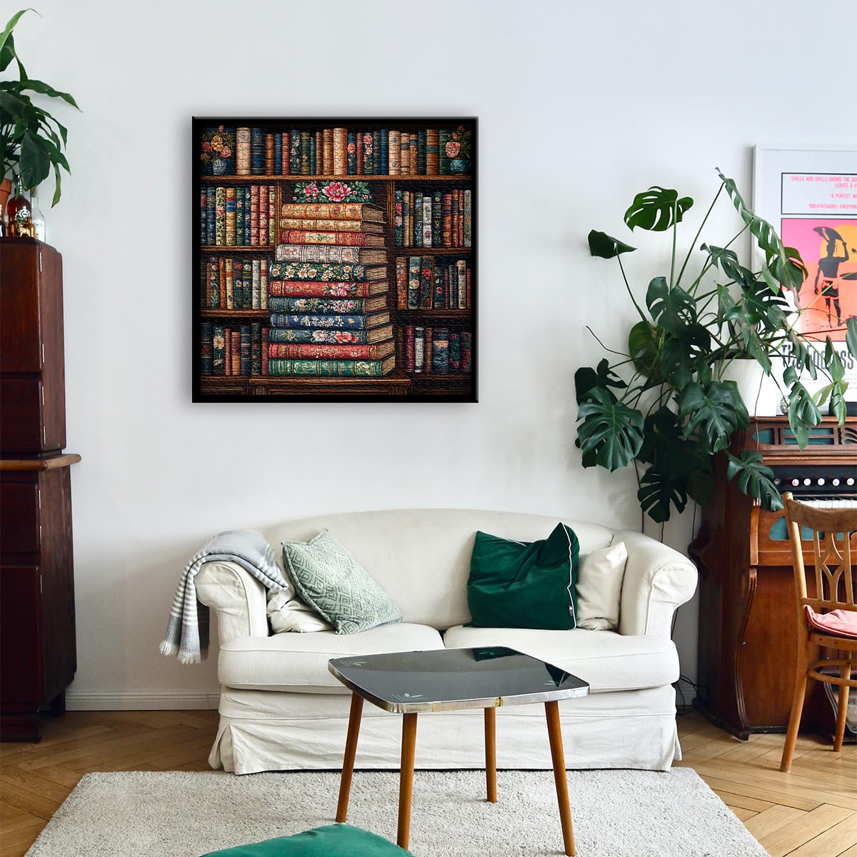 Vintage Bookshelf Puzzles for Adults 1000 Pieces, Book Flower Jigsaw Puzzle Bookshelf Library, Retro Aesthetic Puzzle Art, Difficult Challenging Hard Puzzle for Book Lovers PICKFORU