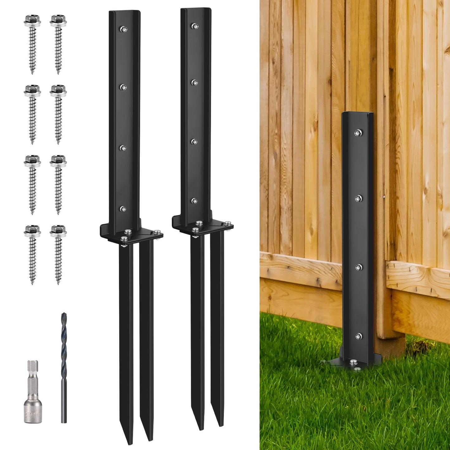 2 Pack Fence Post Anchor Kit, Heavy Duty Steel Fence Post Repair Stakes, Fence Post Anchor Ground Spike for Repairing Tilted Broken Wooden Fence