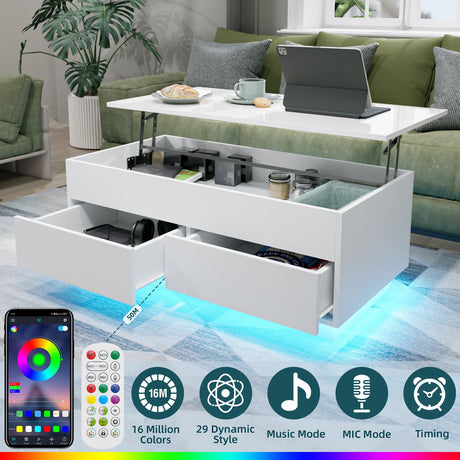 HOMMPA Lift Top Coffee Table with LED Light Morden Coffee table with Storage High Gloss White Coffee table for Living Room Tea Table with Storage Center Tables Hidden Compartment & 2 Drawers HOMMPA