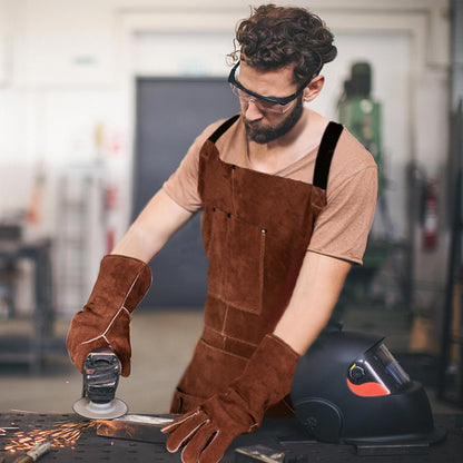 eletecpro Woodworking Apron Heavy Duty- Length 42 Inch 6 Pockets Leather Welding Apron & Welding Gloves Cowhide Fire/Heat Resistant Shop Apron Men/Women (Brown) - WoodArtSupply