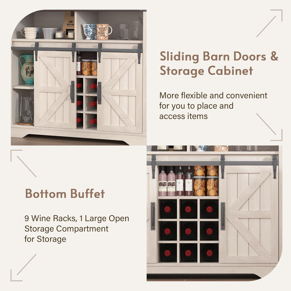 GlouMod Farmhouse Coffee Bar Cabinet with Sliding Barn Door, 70" Tall Kitchen Hutch China Cabinet w/Wine Rack, Power Outlet & Lighting, Liquor bar Station Food Pantry Storage Cabinet for Home, White GlouMod