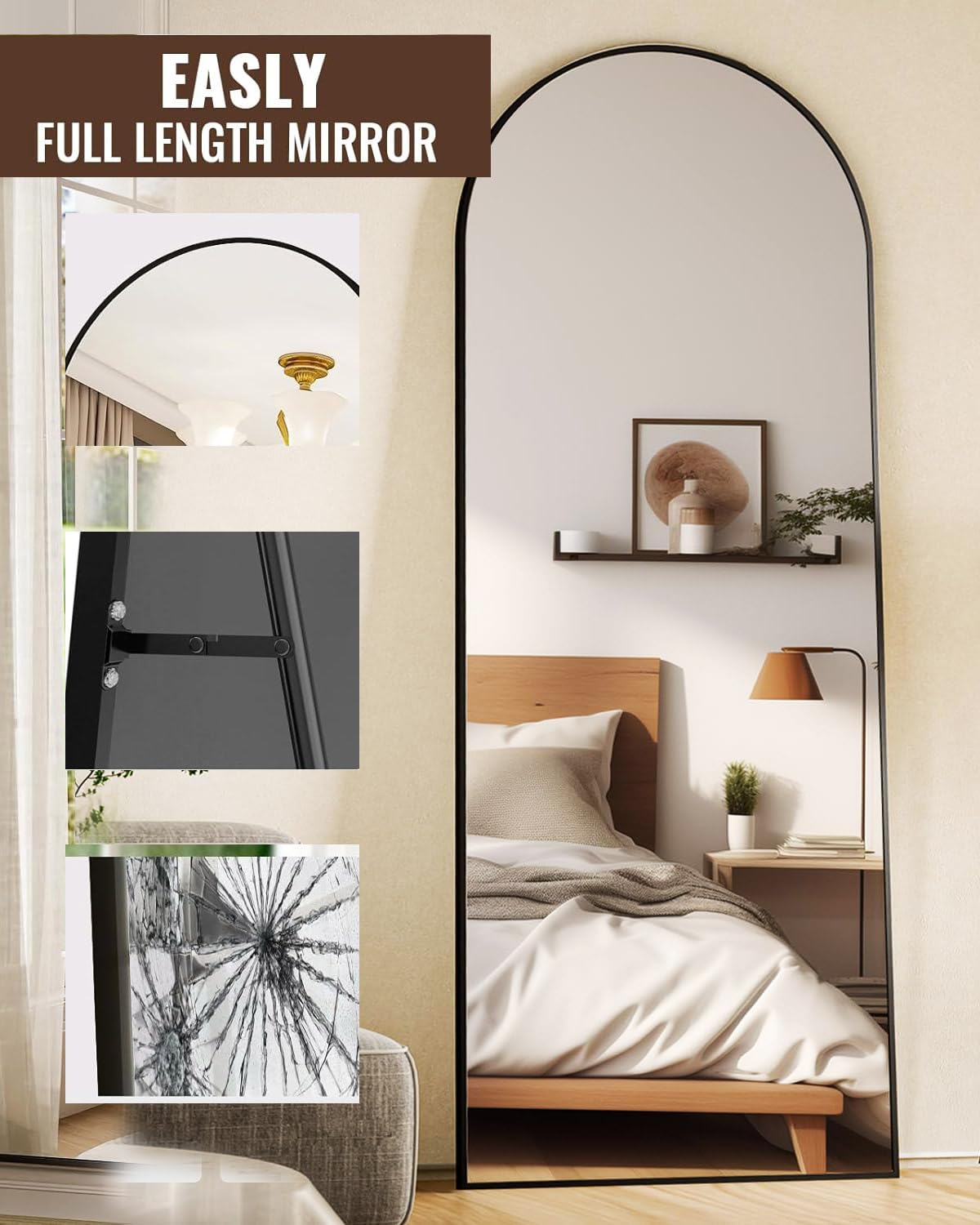 DMWOODFL 71"x26" Arched Full-Length Mirror with Explosion-Proof HD Glass – Oversized Floor or Wall-Mounted Full Body Mirror for Bedroom, Living Room, and Cloakroom (Black) DMWOODFL