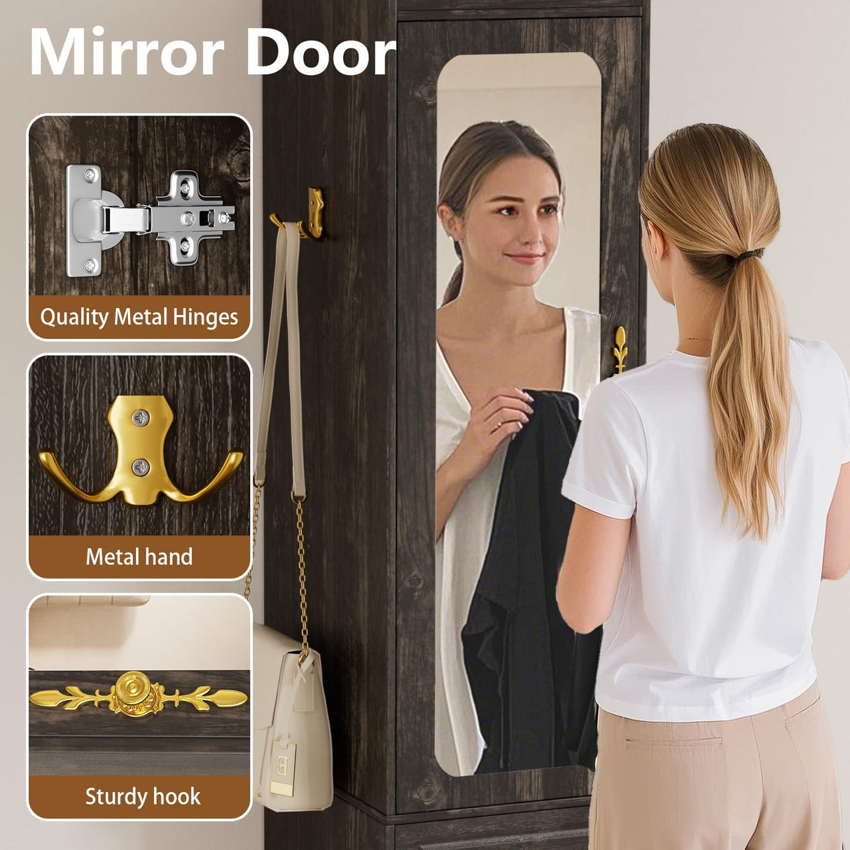 JanfltHome Armoire Wardrobe Closet, 69.5" H Wood Bedroom Armoires Cabinet with Mirror Door and 3 Drawers, Rustic Brown Clothing Storage Cabinet with Hanging Rod & Sensor Light for Bedroom-Right JanflyHome