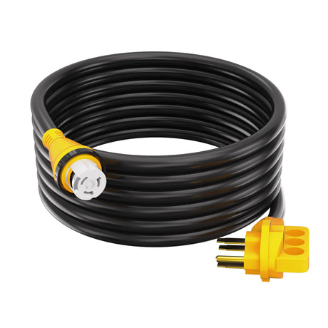 Houseables 50 Amp RV Extension Cord, Power Cords, 30 Ft Long, 1 Pack, Black, Yellow, SS2-50R Female Adaptor, 14-50P Male Plug, 50A Compatible, PVC, STW, w/Handle, for Camper, Motorhome, UL Certified Houseables