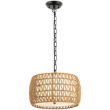 WILON 12.4'' 3-Light Rattan Chandelier with Fabric Shade, Dining Room Light Fixtures Over Table, Modern Boho Pendant Lights Kitchen Island Lighting, Farmhouse Rustic Drum Hanging Lamp with E26 Base WILON