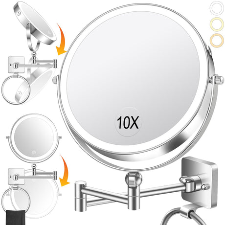 360° Rotation Adjustable 10x Large Wall Mounted Makeup Mirrror, Height Adjustable Lighted Mirror, 8" Double Sided Mirror, 1X/10X Magnifying Bathroom Mirror, Detachable Ring, 3 Color Lights UBYMET