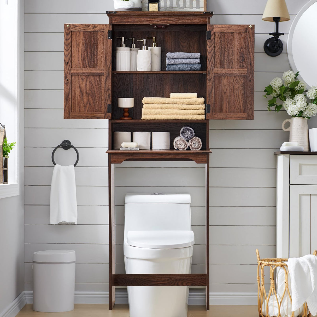 ACCOHOHO Over The Toilet Storage Cabinet, Farmhouse Bathroom Cabinet with Adjustable Shelf & Barn Door, 67" Tall Over The Toilet Shelf, Brown ACCOHOHO