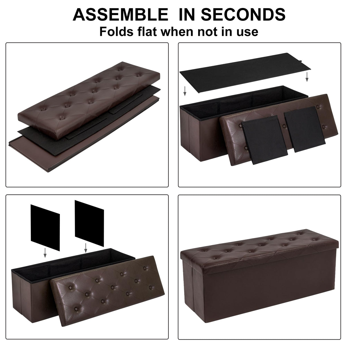 GLAXYFUR Storage Ottoman Bench, 43 Inches Folding Ottoman with 2 Dividers, PU Leather Foot Rest, End of Bed Bench, Storage Chest for Living Room, Bedroom and Entryway, Brown GLAXYFUR