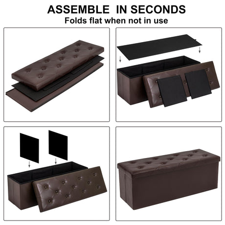 GLAXYFUR Storage Ottoman Bench, 43 Inches Folding Ottoman with 2 Dividers, PU Leather Foot Rest, End of Bed Bench, Storage Chest for Living Room, Bedroom and Entryway, Brown GLAXYFUR
