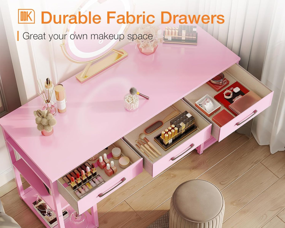 ODK Vanity Desk with Fabric Drawers & Storage Shelves, Makeup Dressing Table, Home Office Desks for Bedroom, Modern Simple Writing Desk,Pink, 48"x16" (No Mirror ODK