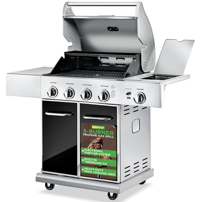 NutriChef Heavy-Duty 5-Burner Propane Gas Grill - Stainless Steel Grill, 4 Main Burner with 1 side burner, 52,000 BTU Grilling Capacity, Electronic Ignition System, Built-in Thermometer - NCGRIL2