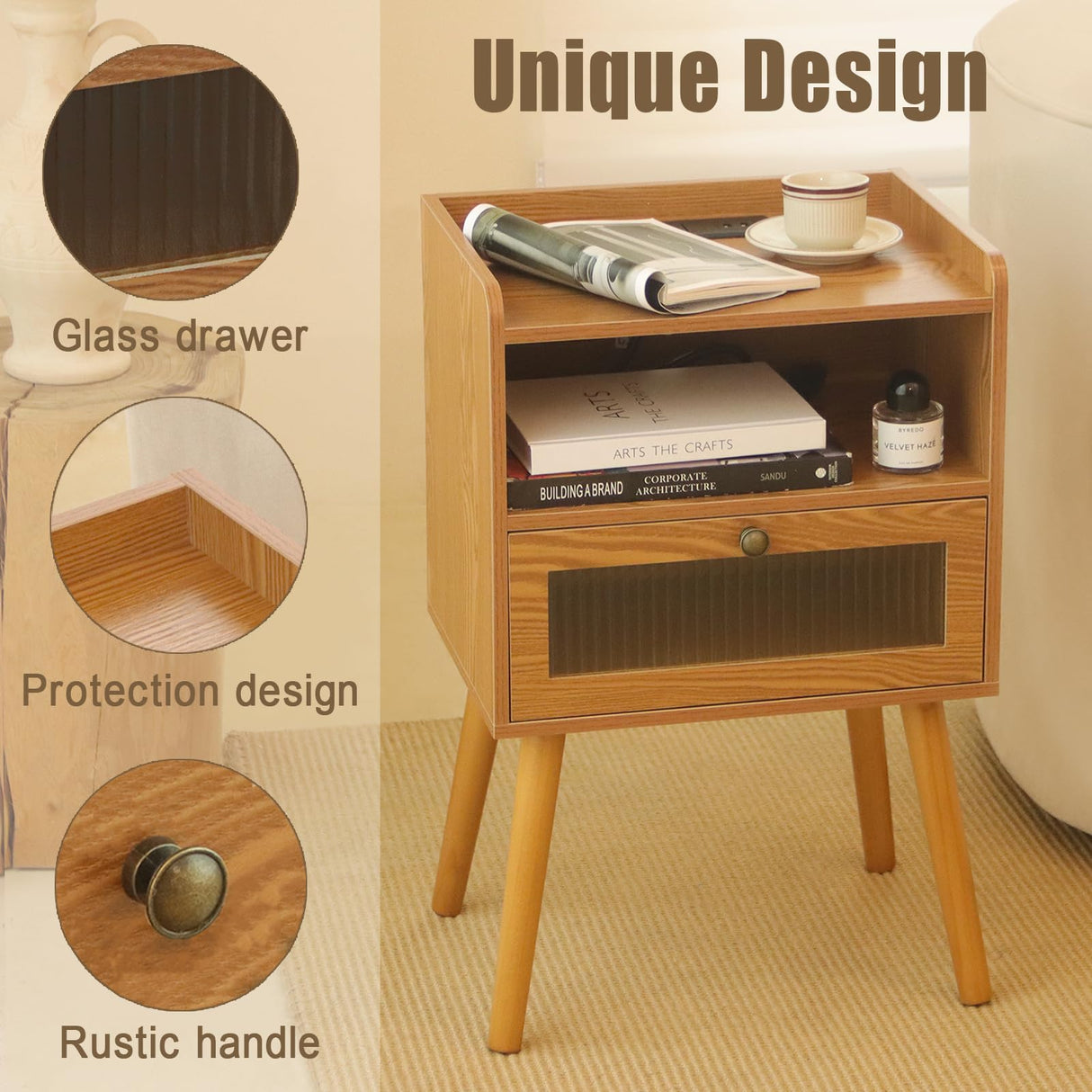 AWASEN Mid Century Nightstand with Charging Station, Modern Bedside Table with Glass Decorative Drawer, Small End Table Side Table with 2 Tiers Storage for Bedroom, Office and Small Space(Brown) AWASEN