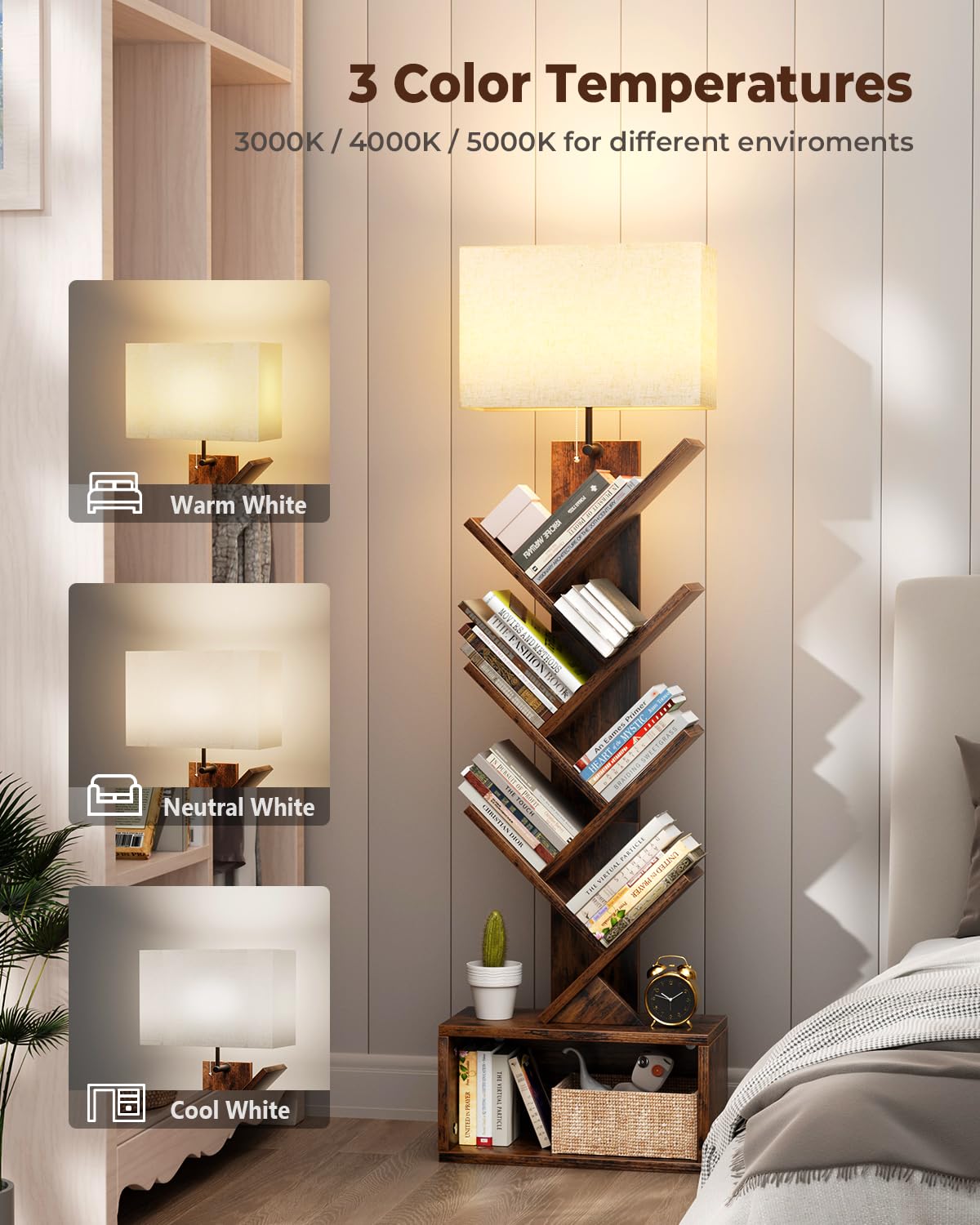 Evermagin 6 Tier Tree Bookshelf with Smart Light, Small Bookcase Tower with Remote Control, Tall Floor Standing Book Organizer for Living Room, Bedroom & Home Office, Rustic Brown Evermagin