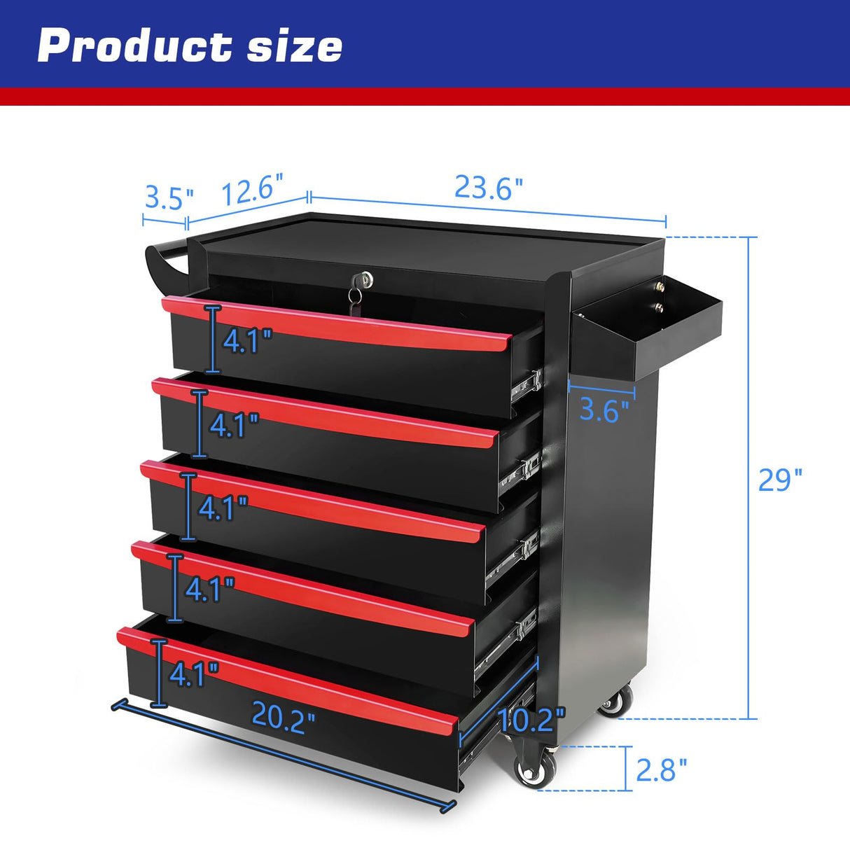 MHEOMTME Rolling Tool Chest with Drawers, Craftsman Tool Box Organizer, Toolbox Cabinet with Keyed Locking System, 5 Drawer Tool Storage Cart on Wheels for Garage, Workshop and Repair Room, Black MHEOMTME