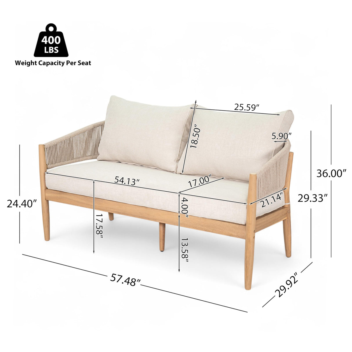 Christopher Knight Home Katarina Patio Acacia Wood Loveseat Furniture, Outdoor Loveseat Sofa with Comfy Fabric Cushions, 2-Seater Sofa with Handwoven Rope Backrest for Garden, Light Brown+Beige Christopher Knight Home