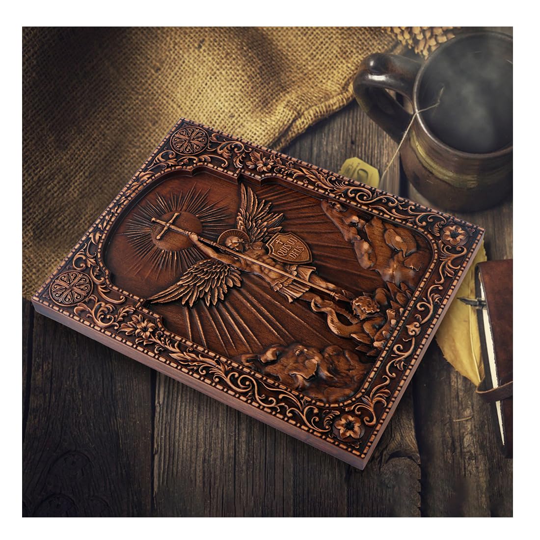 QIADGE Archangel Michael in the Cross Wall Hanging Wooden Carved Home Decor Plaque Personalized Crafts Christian Gift Idea (13.7 * 10.7 in) QIADGE