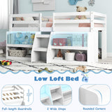 KOMFOTT Low Loft Bed with LED Light & 2 Bookcases, Wood Kids Twin Bed with Under-Bed Play Space, Stairs & Guardrails, No Box Spring Needed, Modern Low Loft Bed Frame, White KOMFOTT