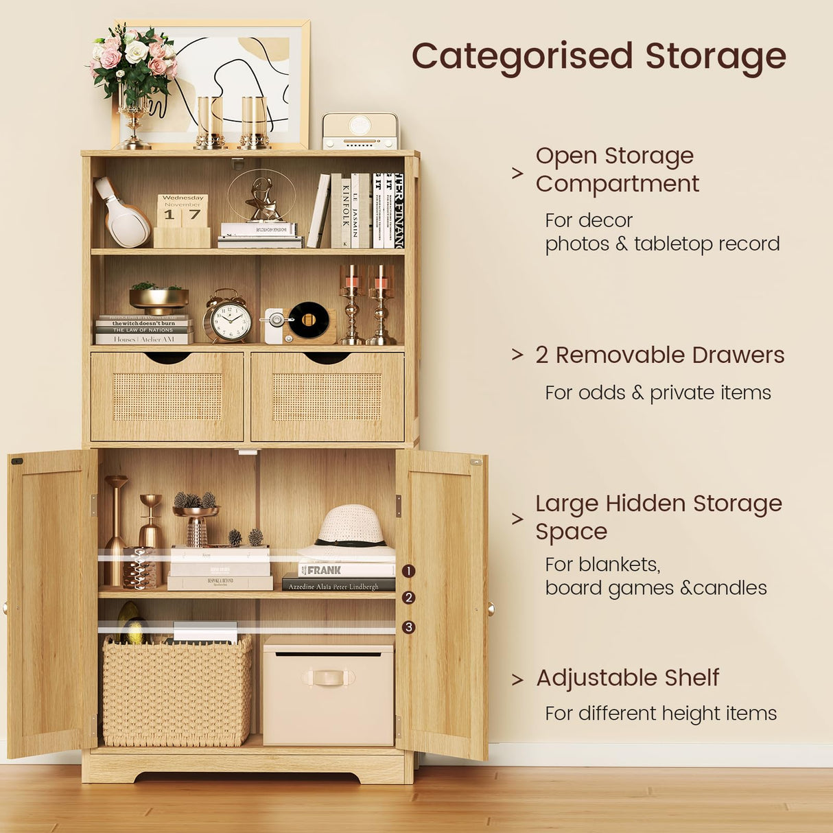 Iwell Tall Storage Cabinet, Rattan Cabinet with 2 Drawers & Adjustable Shelf, Accent Cabinet for Living Room, Dining Room, Home Office, Natural Iwell