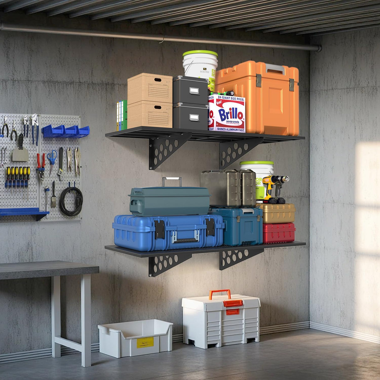 4 Pack 1,5x4ft Heavy Duty Garage Wall Shelving, Garage Shelving Wall Mounted, Storage Rack with Hooks (Black) BTRAM