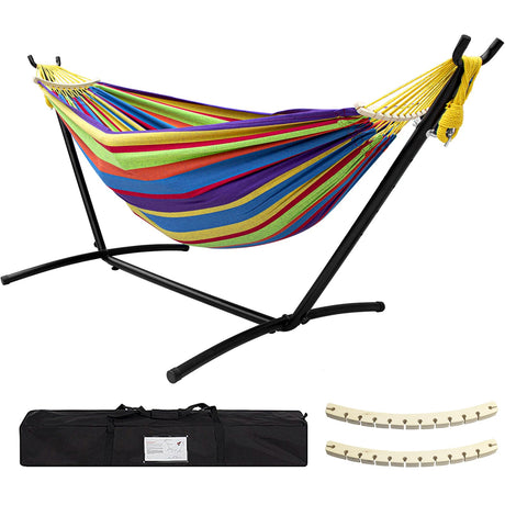 SZHLUX Double Hammock with Stand Included 450lb Capacity Steel Stand, Premium Carry Bag Included and Two Anti Roll Balance Beam SZHLUX