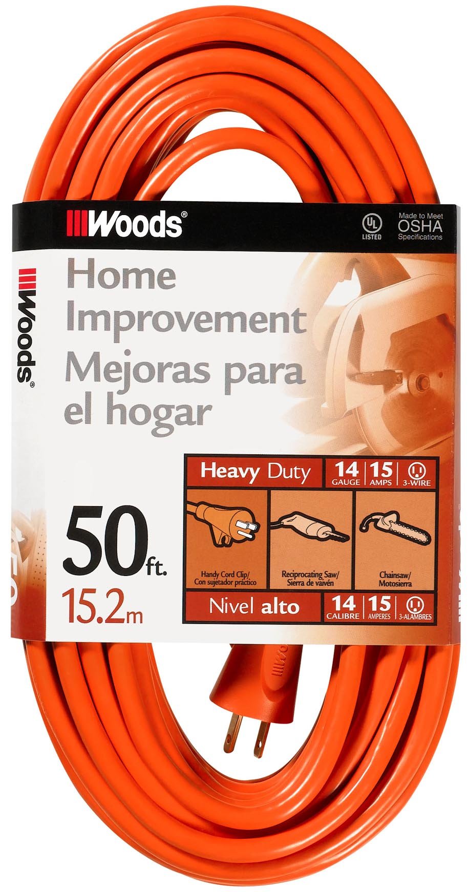 Woods Medium Duty Extension Cord, 50Ft, 14 Gauge, 3 Conductor, General Purpose Cord, SJTW, Orange, 0626 Woods