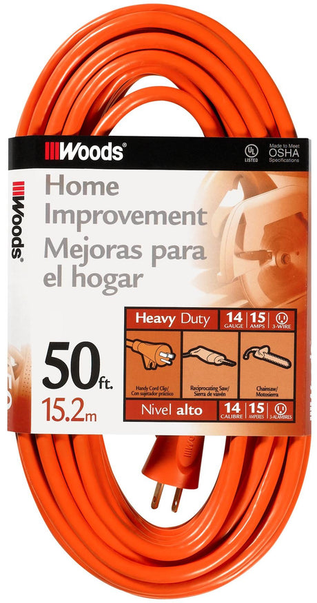 Woods Medium Duty Extension Cord, 50Ft, 14 Gauge, 3 Conductor, General Purpose Cord, SJTW, Orange, 0626 Woods