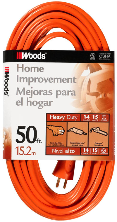 Woods Medium Duty Extension Cord, 50Ft, 14 Gauge, 3 Conductor, General Purpose Cord, SJTW, Orange, 0626