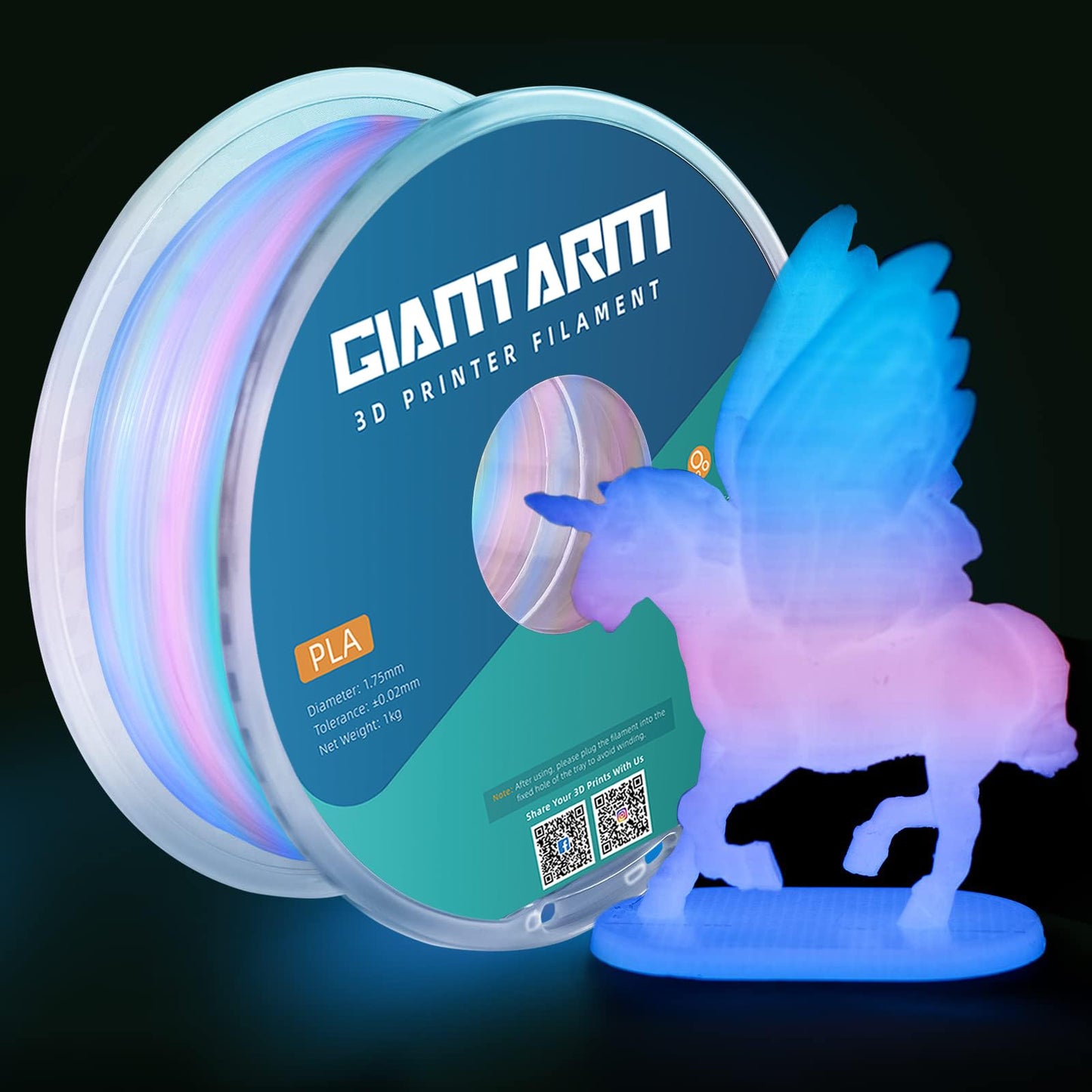 GIANTARM Glow in The Dark Rainbow Luminous PLA Filament 1.75mm, 1kg 3D Printer Multicolor Filament Gradient, Color Change in 10 Meters, with High Brightness, Fast Glow and Long Time Glowing - WoodArtSupply