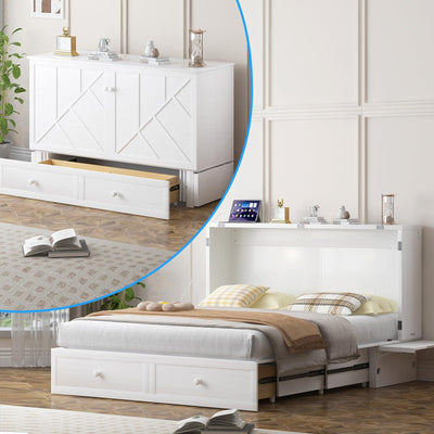 PUREMIND Murphy Bed Queen with Mattress Included - Solid Wood Hideaway Cabinet Bed with 2 Storage Drawers, USB Charging Ports & Headboard - Space-Saving Chest Beds for Home, Guest Room, White