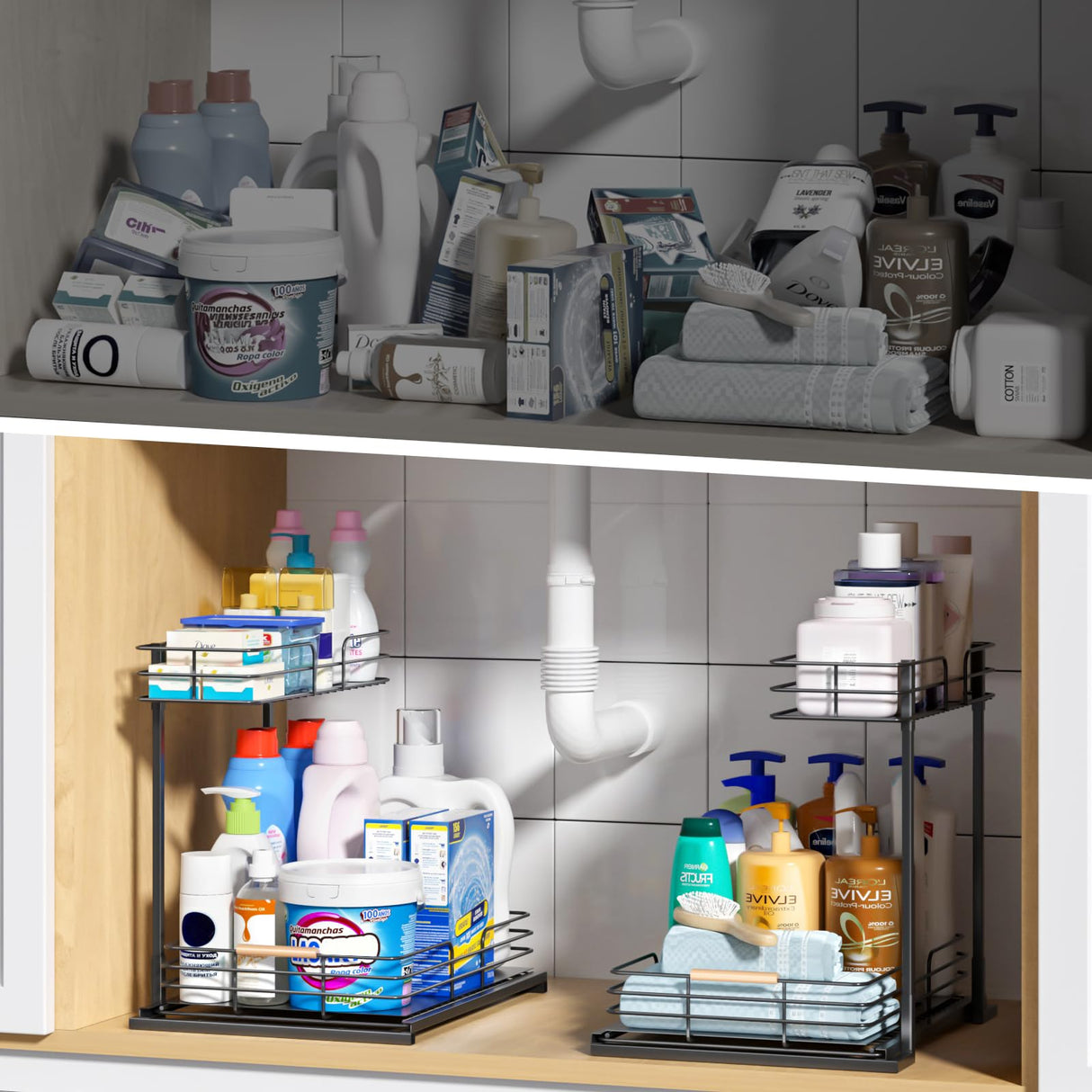 LAMU Under Sink Organizers and Storage, 2 Tier Bathroom Kitchen Cabinet Organizers, Pull Out Under Sink Storage Kitchen Shelf Organizer for Under Counter Storage LAMU