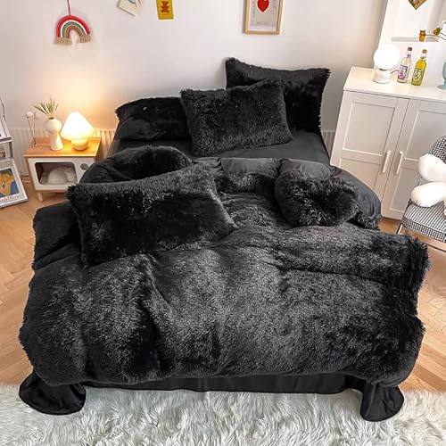 chovy Kids Girls Faux Fur Black Comforter Sets Twin/Full - 3PC Bed Set Skin Friendly Soft Warm Comfortable Classical Rabbit Plush Velvet Flannel Fluffy Fuzzy Bedding（Comforter x 1 Pillowcases x 2） chovy