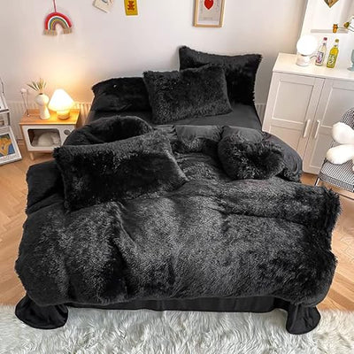 chovy Kids Girls Faux Fur Black Comforter Sets Twin/Full - 3PC Bed Set Skin Friendly Soft Warm Comfortable Classical Rabbit Plush Velvet Flannel Fluffy Fuzzy Bedding（Comforter x 1 Pillowcases x 2）