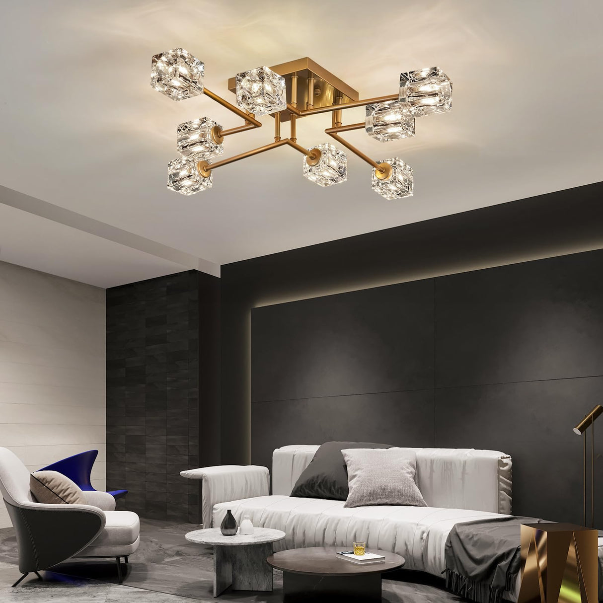 Qgiytp Vintage Gold Semi Flush Mount Ceiling Light 8-Light Glass Sputnik Chandeliers Mid Century Modern Crystal Ceiling Light Fixture for Living Room Dining Room Bedroom Kitchen Foyer Qgiytp
