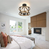 12.5" Farmhouse Semi Flush Mount Ceiling Light,4 Light Drum Rustic Semi Flush Ceiling Light,Black+Vintage Wood-Look Finish Semi Flush Light Fixture for Bedroom、Hallway、Kitchen、Laundry Room ZSANZYU