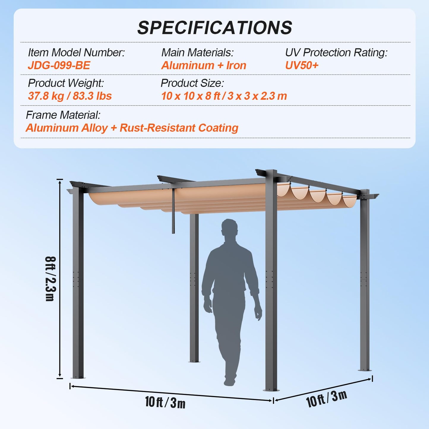 VEVOR 10'x10' Outdoor Retractable Pergola with Canopy, Aluminum Pergola with Retractable Canopy, Modern Pergola with Sun Shade Canopy for Patios, Gardens, Decks, Backyards (Beige)